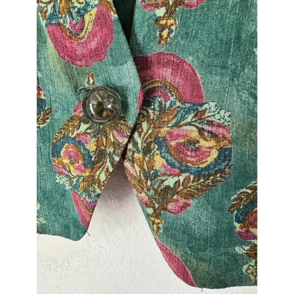 Carole Little Vintage Green Floral Cropped Tasseled Blouse Size 8P - Picture 7 of 8